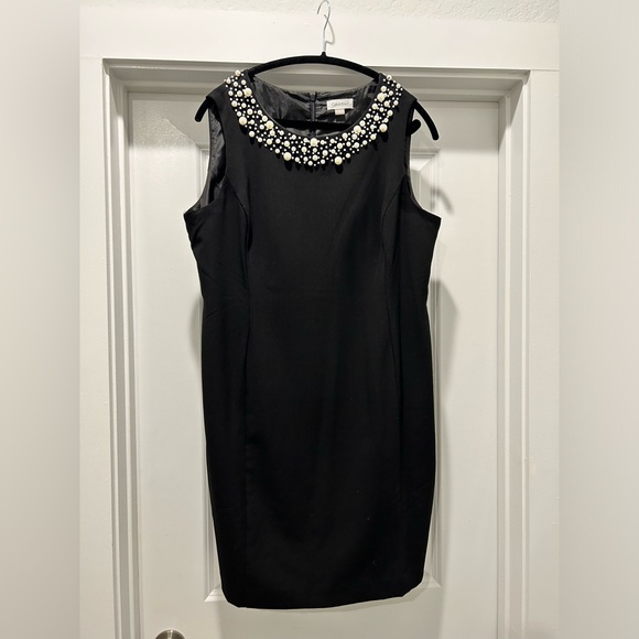 Calvin Klein Women's Petite Faux-Pearl-Trim Sheath Dress Black - Picture 1 of 6